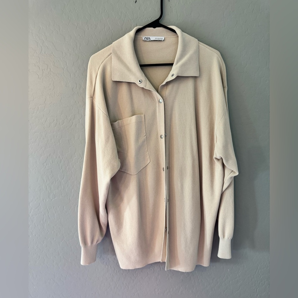 Zara Oversized Button-Front Sweater Shirt in Light Beige